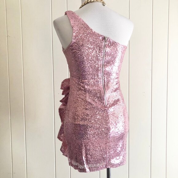 Pink Sequin Mini Dress Party Dress One Shoulder Prom Size S M or L - Picture 7 of 7